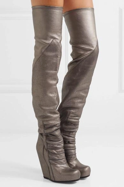 Shop Rick Owens Metallic Textured-leather Over-the-knee Wedge Boots In Silver