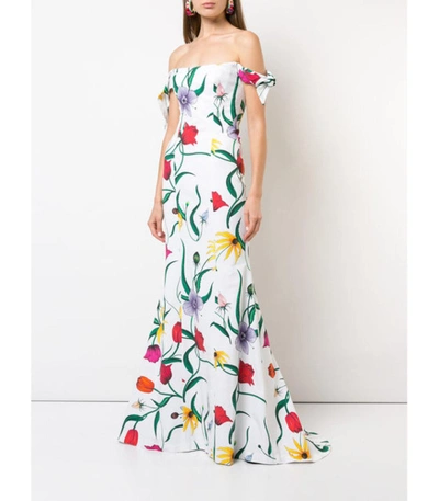 Shop Carolina Herrera White Multicolor Off The Shoulder Floral Gown