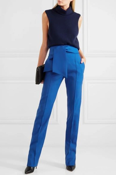 Shop Valentino Bow-embellished Wool-blend Slim-leg Pants In Blue