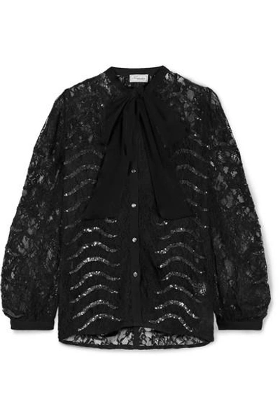 Shop Temperley London Panther Pussy-bow Sequined Lace Blouse In Black