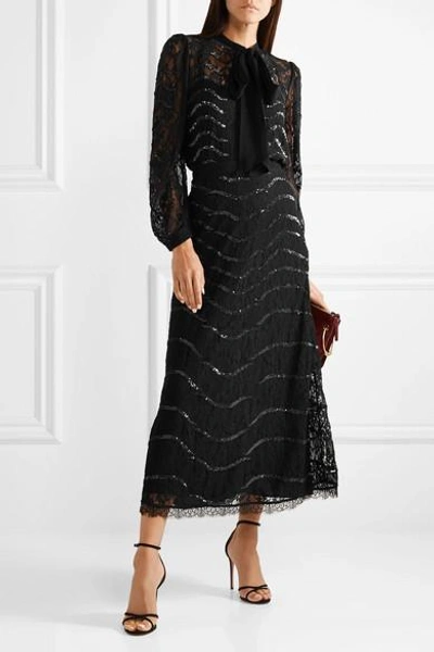 Shop Temperley London Panther Pussy-bow Sequined Lace Blouse In Black