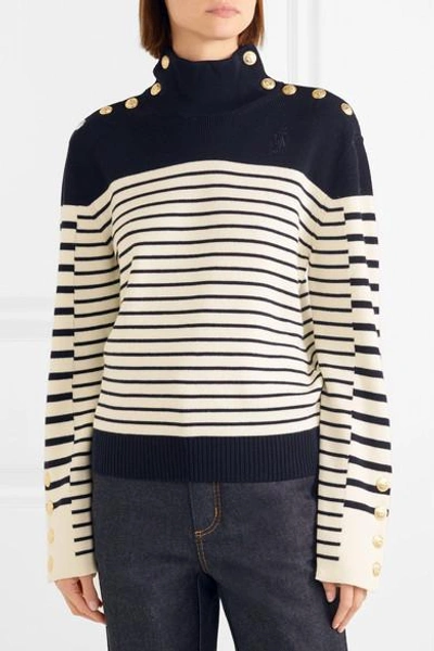 Shop Jw Anderson Striped Merino Wool Turtleneck Sweater In Navy
