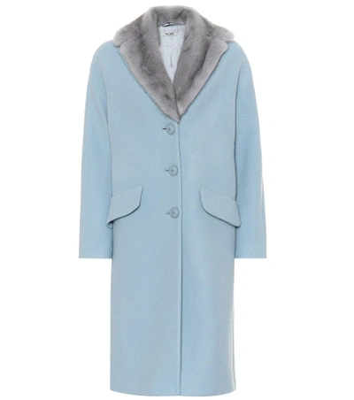 Shop Miu Miu Wool And Angora-blend Fur-trim Coat In Blue