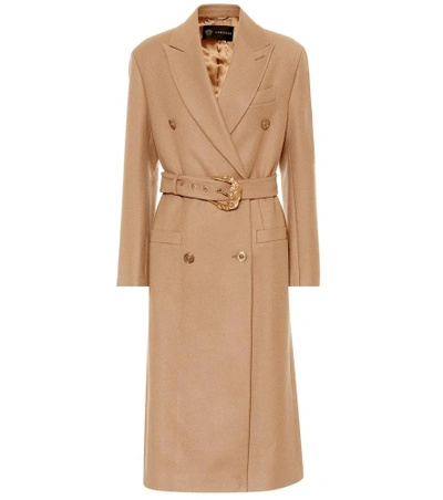 Shop Versace Double-breasted Wool Coat In Brown