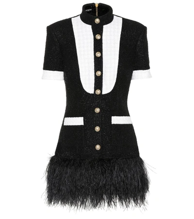 Shop Balmain Feather-trimmed Tweed Minidress In Black