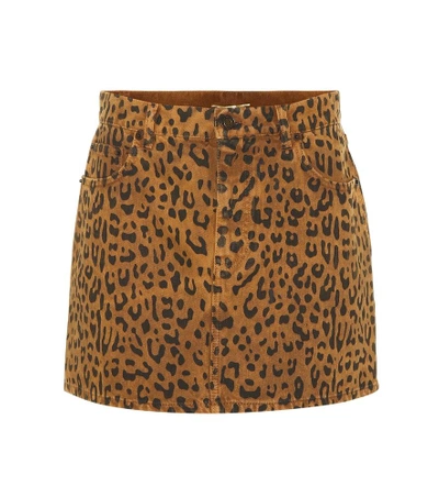 Shop Saint Laurent Leopard Denim Miniskirt In Brown