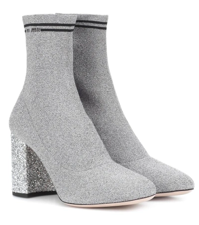 Shop Miu Miu Stretch-knit Ankle Boots In Silver