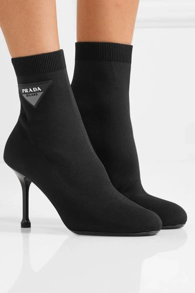 Shop Prada Logo-appliquéd Stretch-knit Sock Boots In Black