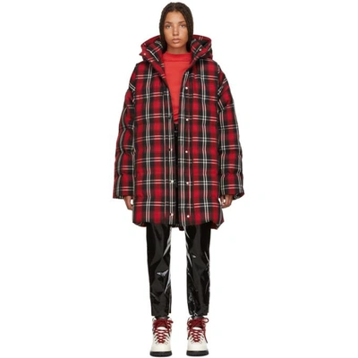 Shop Msgm Red Plaid Down Jacket In 18 Red