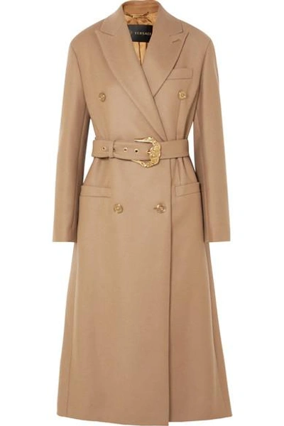 Shop Versace Belted Double-breasted Wool Coat In Camel
