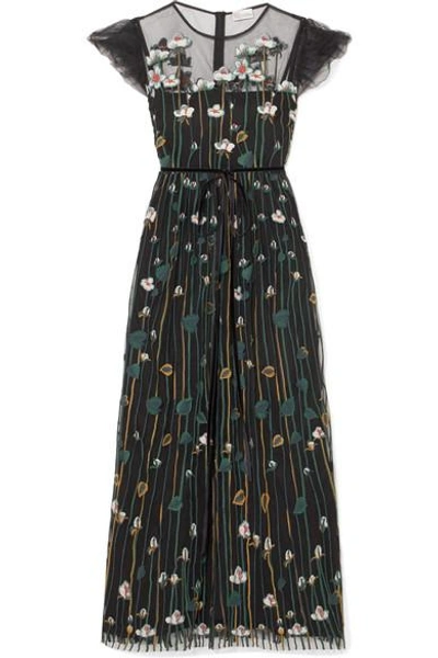 Shop Red Valentino Floral-embroidered Tulle Midi Dress In Black