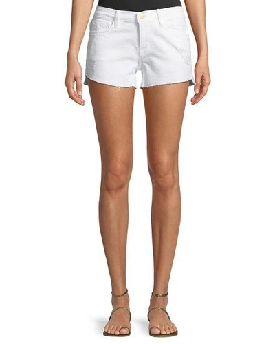 Shop Frame Le Cut Off Tulip-hem Denim Shorts In White