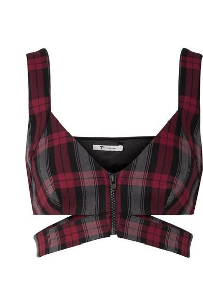 Shop Alexander Wang T Cropped Cutout Plaid Cotton-blend Twill Top In Black