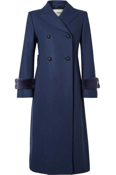 Shop Fendi Faux Fur-trimmed Wool-blend Coat In Blue