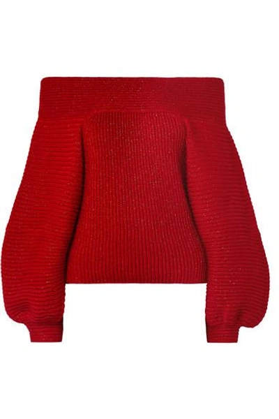Shop Oscar De La Renta Off-the-shoulder Metallic Ribbed Wool-blend Sweater