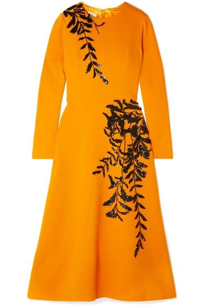 Shop Oscar De La Renta Embellished Wool-blend Midi Dress In Saffron