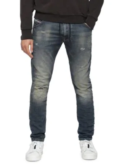 Shop Diesel Krooley Cb-ne Distressed Skinny Drawstring Jeans In Denim