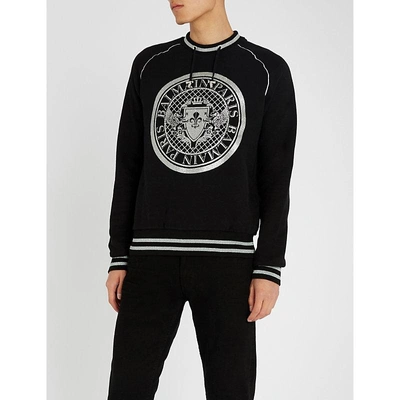Shop Balmain Metallic Logo-print Cotton-jersey Sweatshirt In Noir