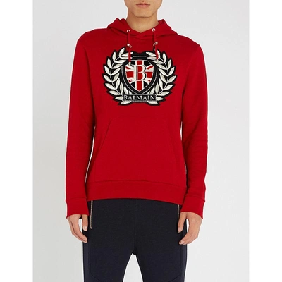 Shop Balmain Logo Crest-embroidered Cotton-jersey Hoody In Rouge