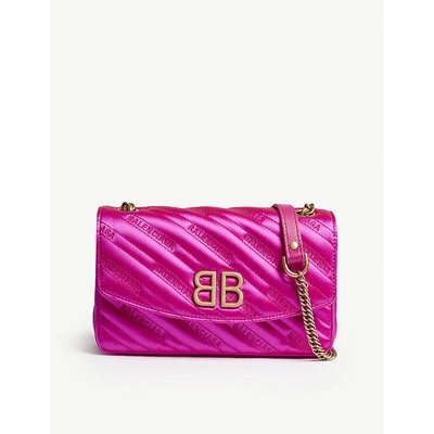 Shop Balenciaga Bright Pink Embroidered Bb Round Satin Shoulder Bag