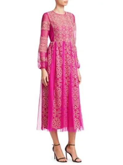 Shop Red Valentino Long-sleeve Tulle Midi Dress In Magenta