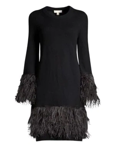 Shop Michael Michael Kors Feather Trim Sweater Dress In Black