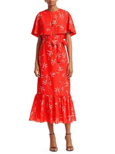 Shop Borgo De Nor Margarita Printed Midi Dress With Capelet In Firefly Red