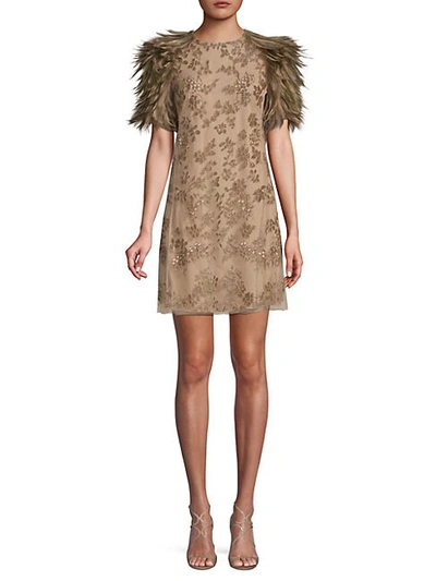 Shop Valentino Feather-trimmed Crewneck Dress In Brown