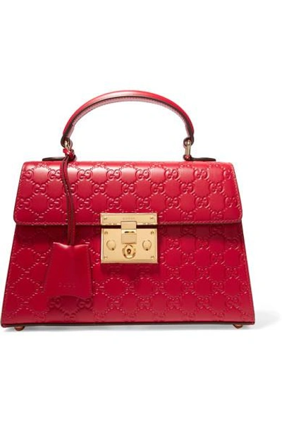 Shop Gucci Padlock Small Embossed Leather Tote In Red