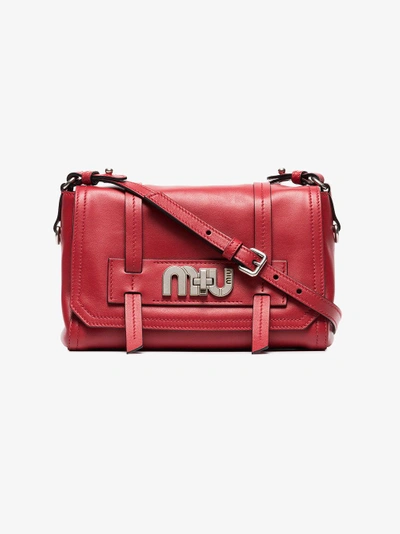 Shop Miu Miu Red Logo Buckle Leather Satchel Bag