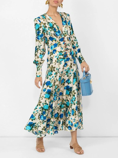 Shop Gucci Rose-print Silk-twill Midi Dress