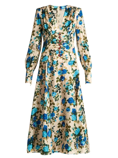 Shop Gucci Rose-print Silk-twill Midi Dress