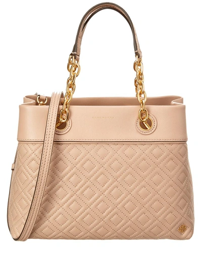 Shop Tory Burch Fleming Small Leather Tote In Beige