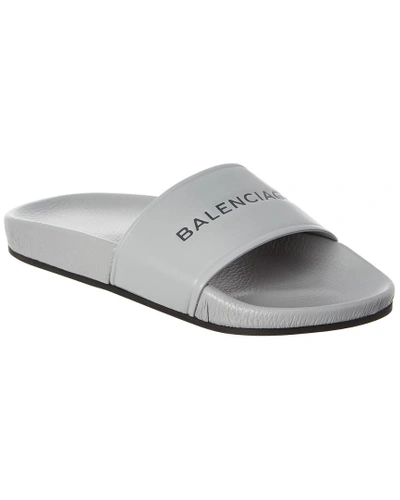 Shop Balenciaga Signature Leather Pool Sandal In Grey