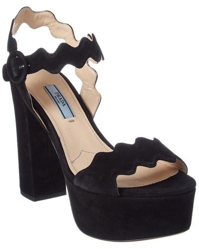 Shop Prada Scalloped Suede Platform Sandal In Black