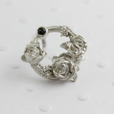 Lee Renee Black Diamond Rose Halo Lapel Pin Silver