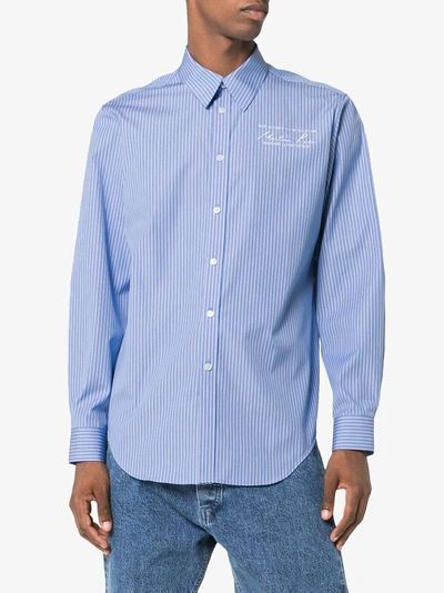 Shop Martine Rose Long Sleeve Logo Embroidered Shirt - Blue