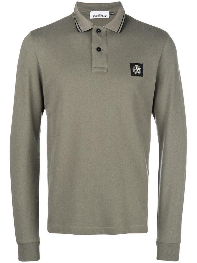 Stone Island Logo Patch Long Sleeve Polo Shirt - Green | ModeSens
