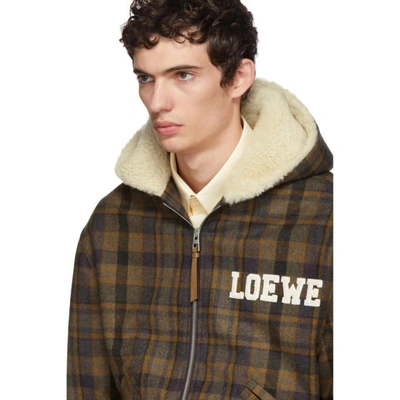 Shop Loewe Brown Tartan Zip Shearling Hood Jacket In 3428.brwn