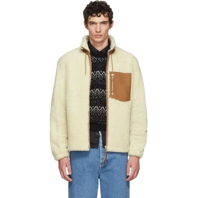 Shop Loewe White And Tan Shearling Blouson Jacket In 2120.off.wh