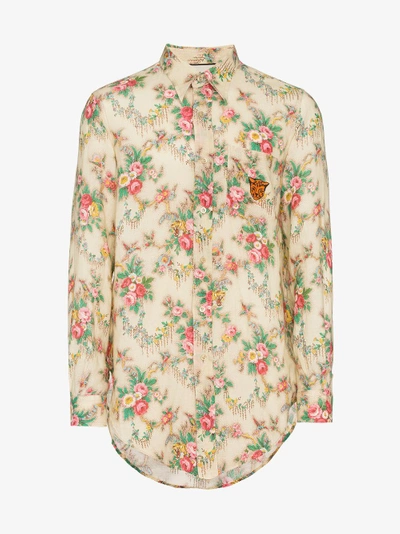 Shop Gucci Floral Print Long Sleeve Shirt In Nude/neutrals