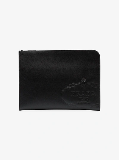 Shop Prada Black Logo Embossed Leather Zipped Pouch