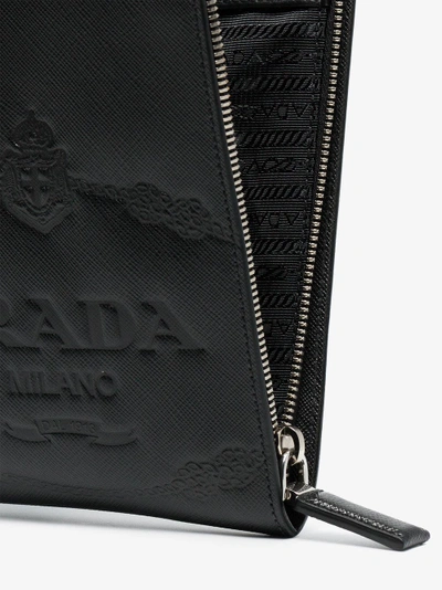 Shop Prada Black Logo Embossed Leather Zipped Pouch