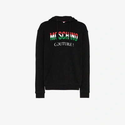 Shop Moschino Italy Flag Logo Print Cotton Hoodie In Black