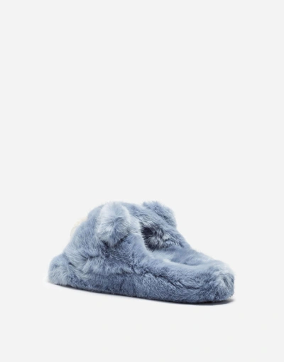 Shop Dolce & Gabbana Faux Fur Sliders In Light Blue