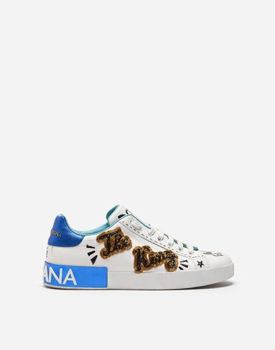 Shop Dolce & Gabbana Printed Calfskin Portofino Sneakers With Patch In White