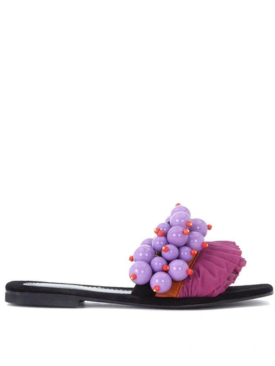 Shop Elina Linardaki Berry Berry Black Leather Sandal With Pearls And Rouches In Multicolor