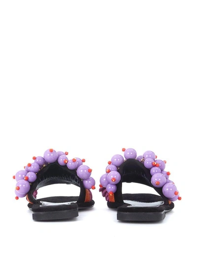 Shop Elina Linardaki Berry Berry Black Leather Sandal With Pearls And Rouches In Multicolor