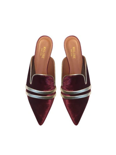 Shop Malone Souliers Hermione Burgundy Velvet And Platinum Nappa Flat Mules