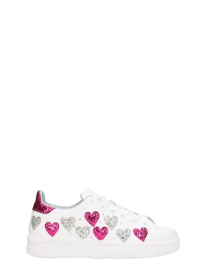 Shop Chiara Ferragni Hearts White Leather Sneakers